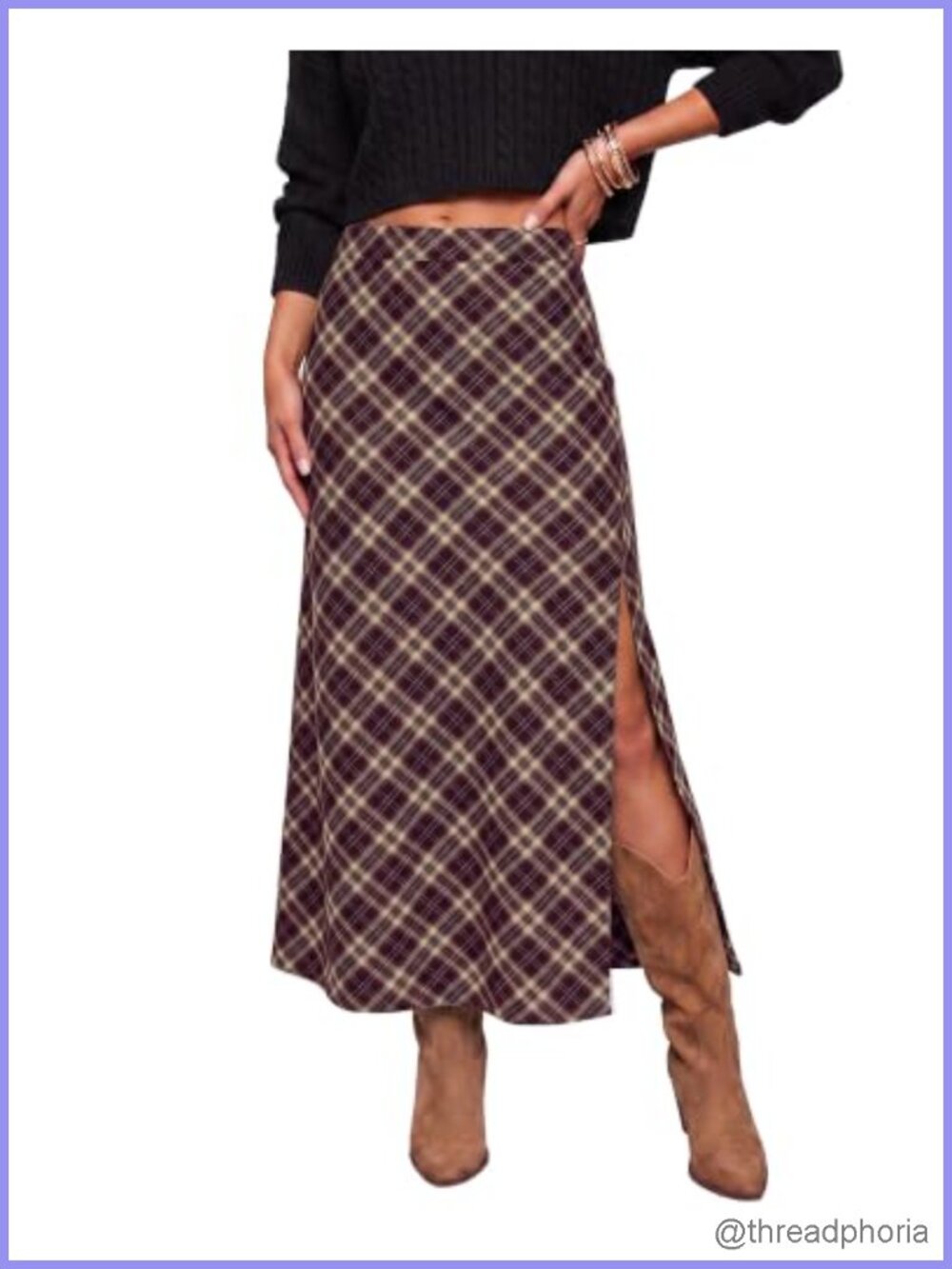 Plaid Maxi Skirt Women A-Line High Rise Side Slit Long